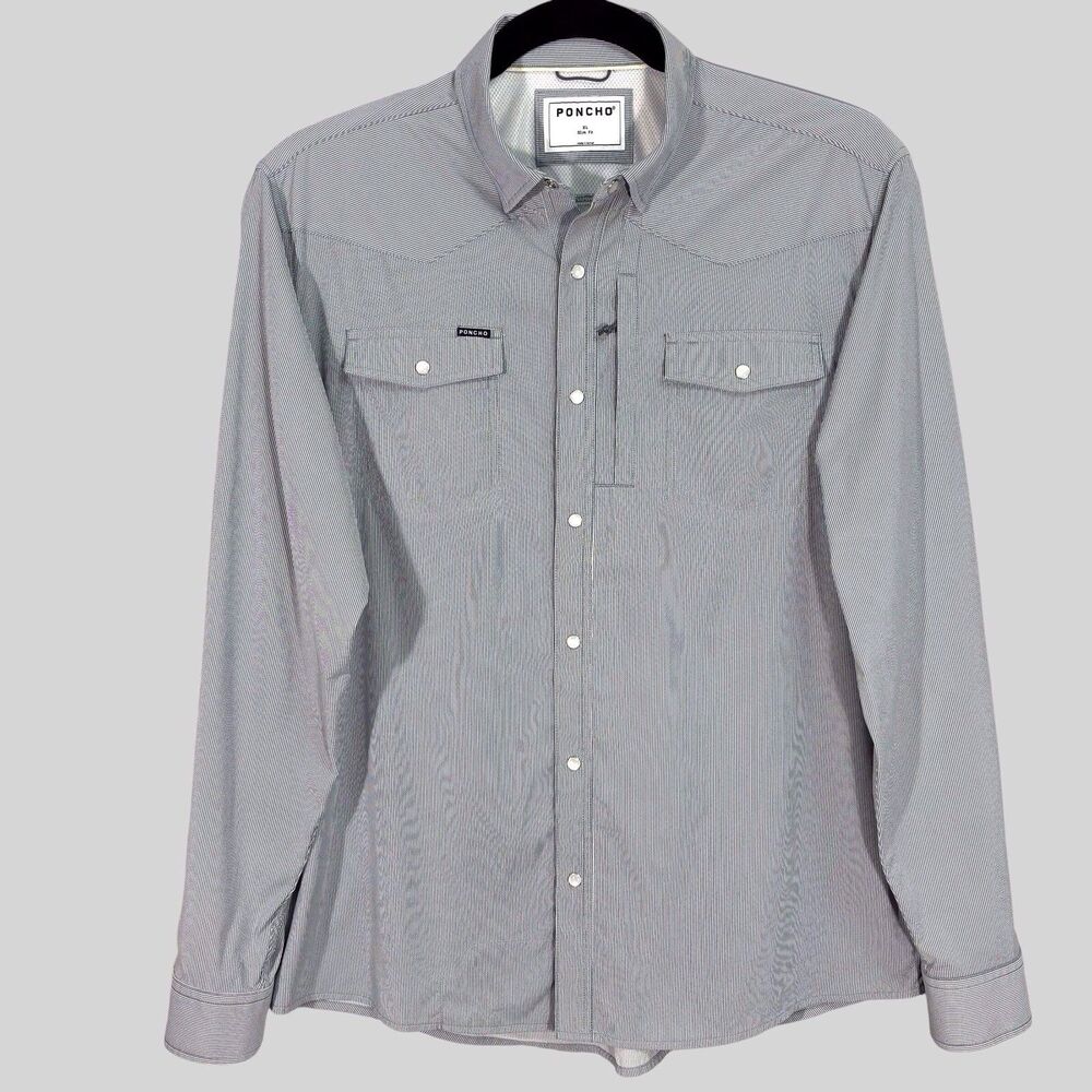 Poncho Pearl Snap Western Shirt Mens XL Slim Fit Gray Striped Vented Performance - Picture 3 of 11